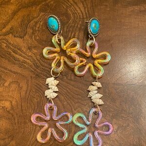 Iridescent Flower Dangle Earrings with Turquoise Accents